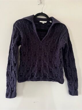 Vince Navy Blue Cotton Open Knit Collared Sweater XS Preppy Coastal Quiet Luxury